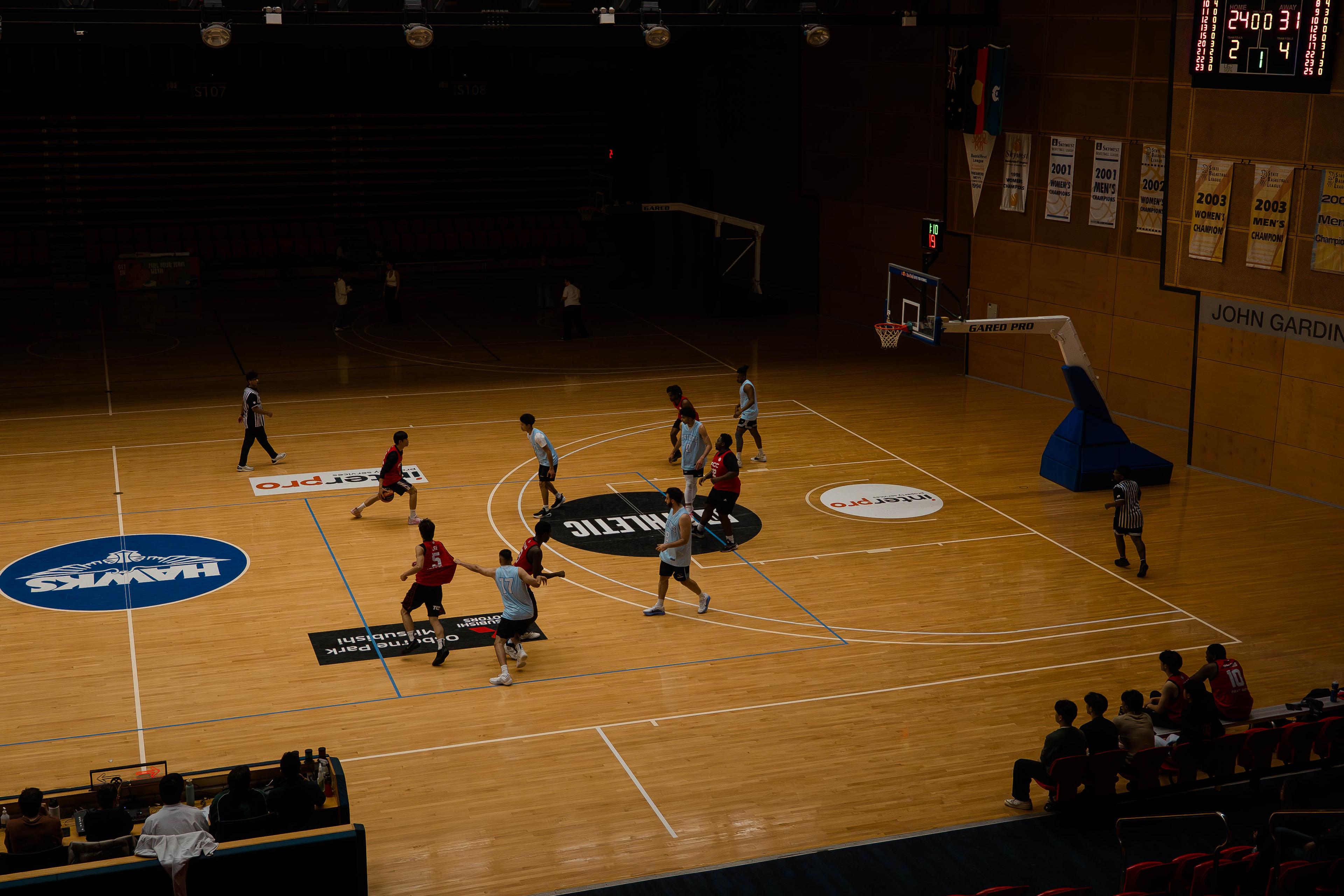 Elevated view of a CBL game in play on a large arena court.